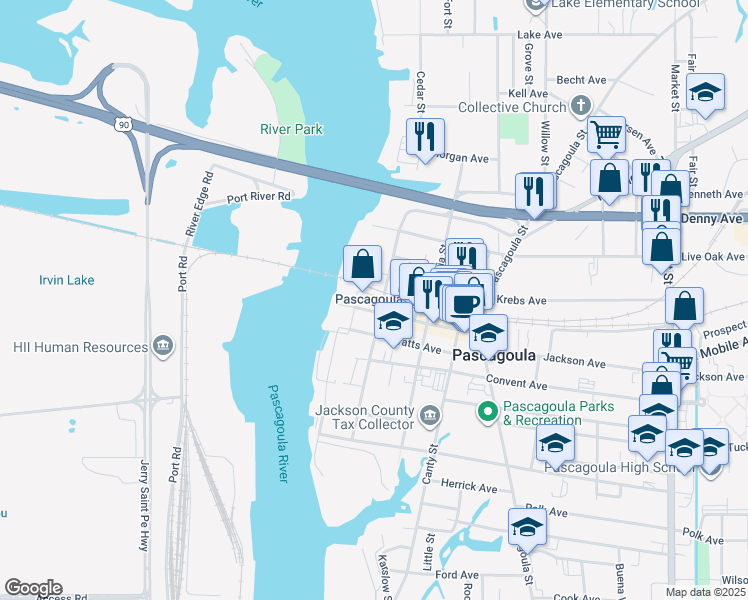 map of restaurants, bars, coffee shops, grocery stores, and more near 303 Delmas Avenue in Pascagoula