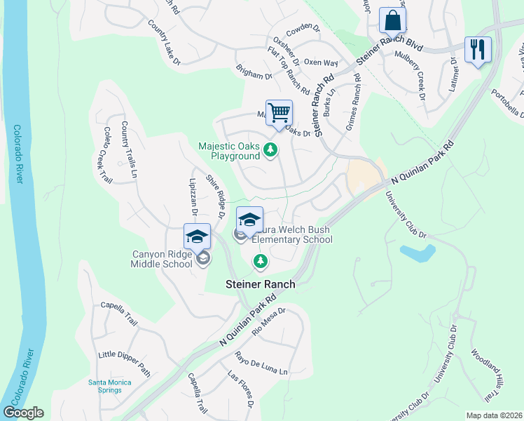 map of restaurants, bars, coffee shops, grocery stores, and more near 12713 Lee Park Lane in Austin