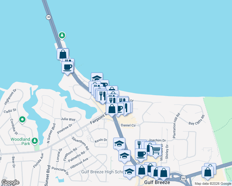 map of restaurants, bars, coffee shops, grocery stores, and more near 24 Duncan Avenue in Gulf Breeze