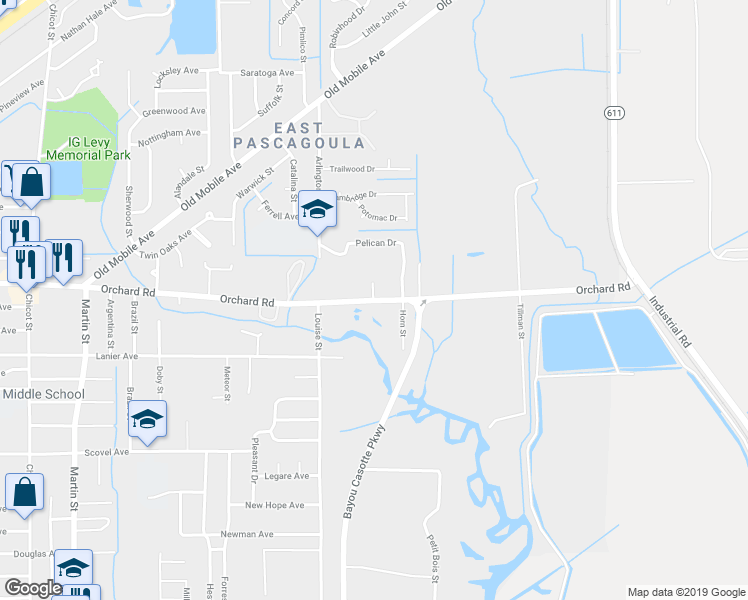 map of restaurants, bars, coffee shops, grocery stores, and more near 4983 Orchard Road in Pascagoula
