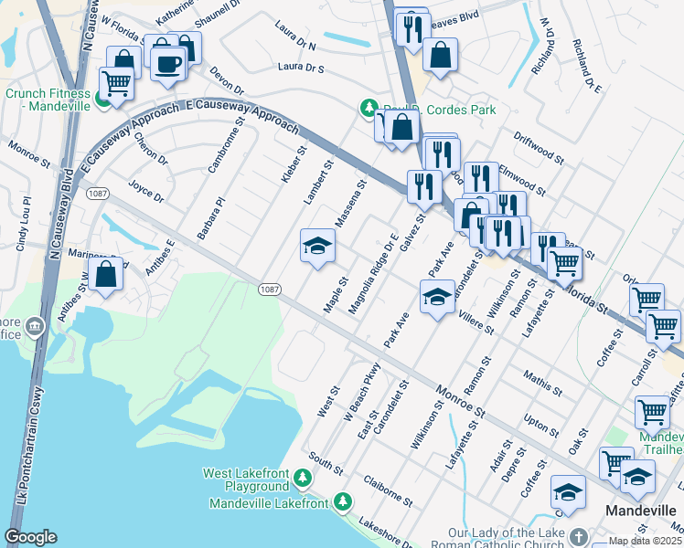 map of restaurants, bars, coffee shops, grocery stores, and more near 3010 Pine Place in Mandeville