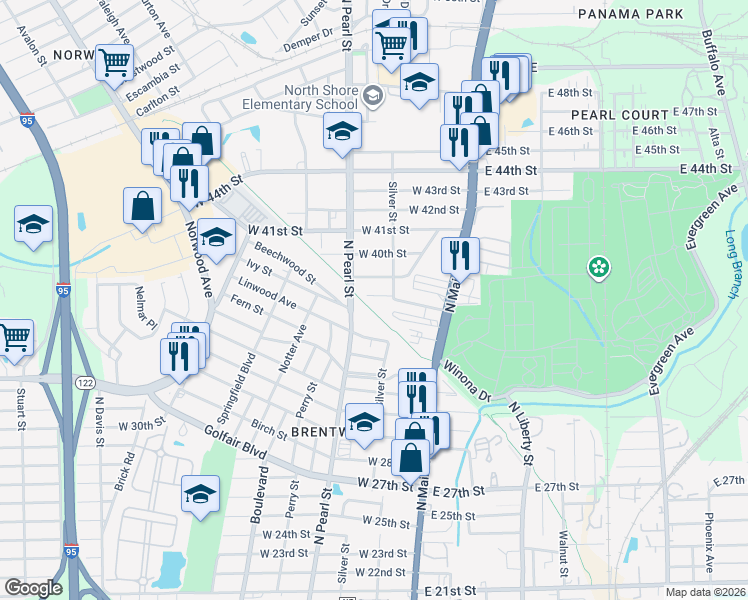 map of restaurants, bars, coffee shops, grocery stores, and more near 224 West 38th Street in Jacksonville