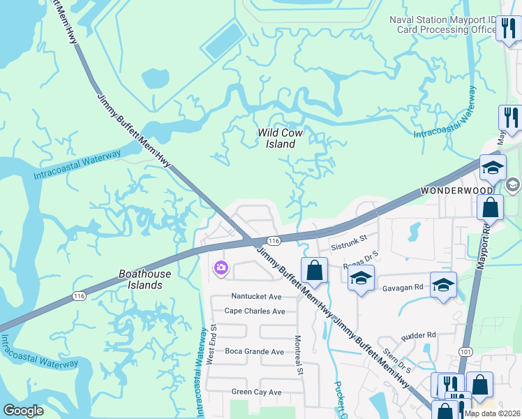 map of restaurants, bars, coffee shops, grocery stores, and more near 1182 Bayshore Drive North in Atlantic Beach