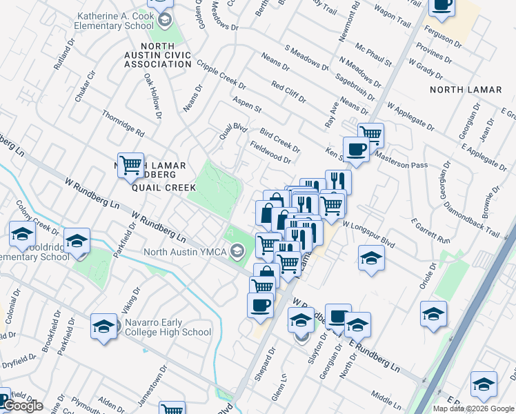 map of restaurants, bars, coffee shops, grocery stores, and more near 9501 Blue Creek Lane in Austin