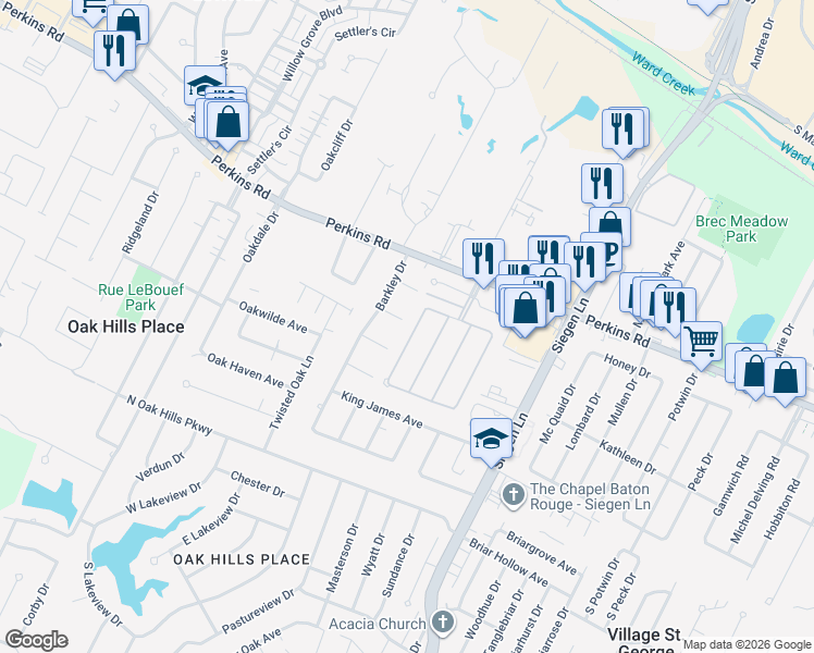 map of restaurants, bars, coffee shops, grocery stores, and more near 753 Wordsworth Drive in Baton Rouge