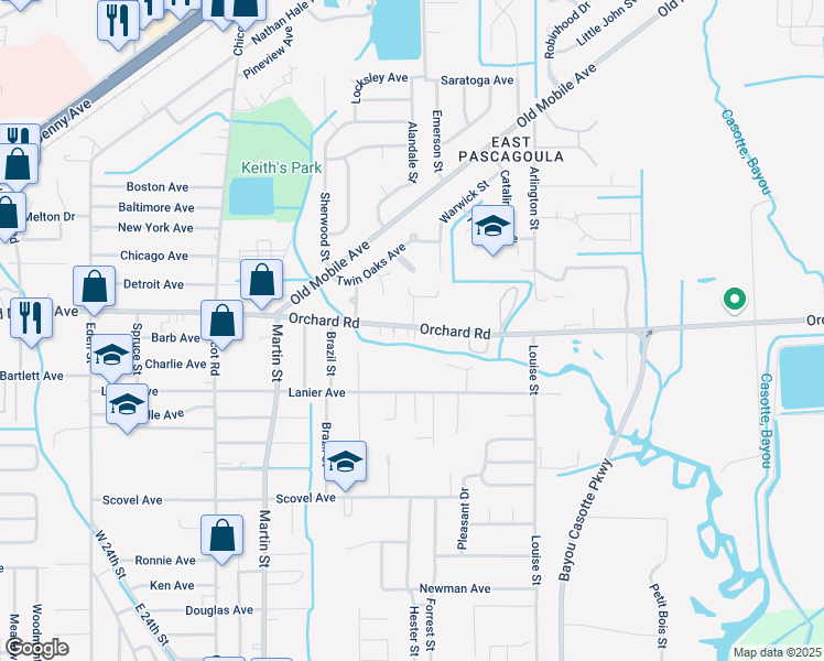 map of restaurants, bars, coffee shops, grocery stores, and more near 4310 Orchard Road in Pascagoula