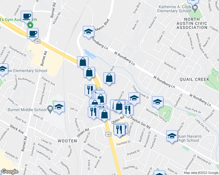 map of restaurants, bars, coffee shops, grocery stores, and more near 8801 Research Boulevard in Austin