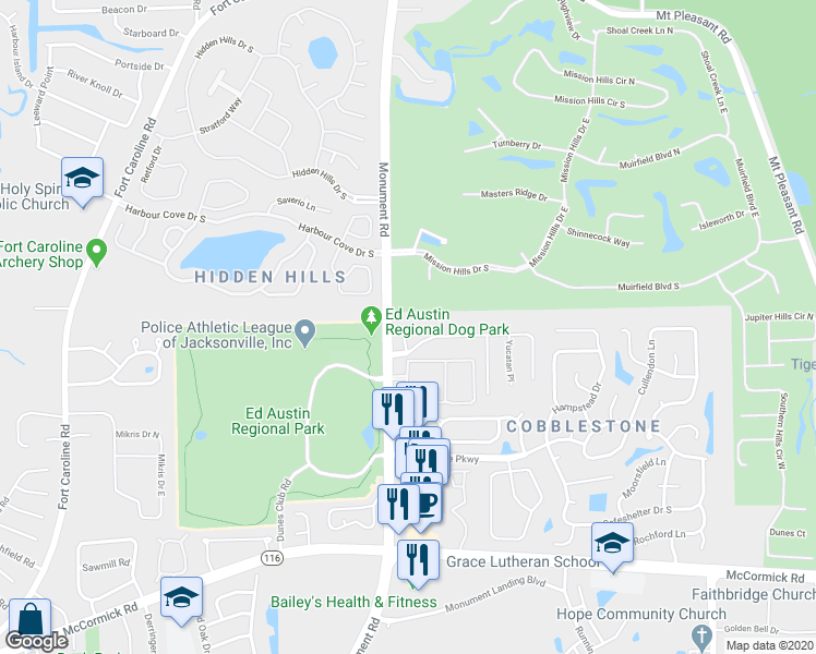 map of restaurants, bars, coffee shops, grocery stores, and more near 3421 Cozumel Court in Jacksonville