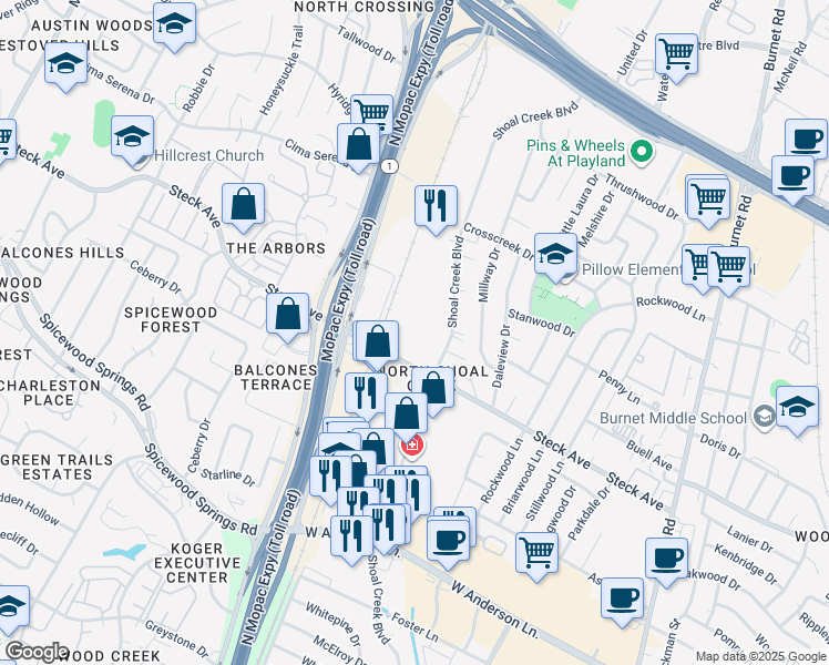 map of restaurants, bars, coffee shops, grocery stores, and more near 3400 Steck Avenue in Austin