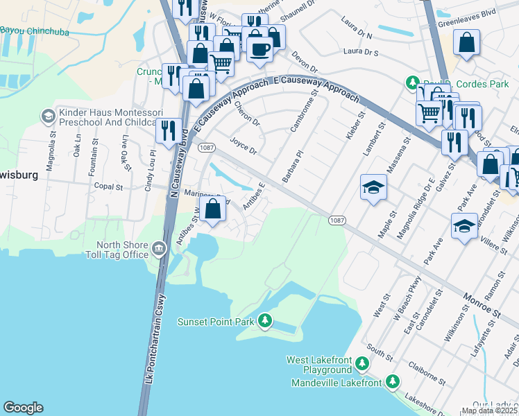 map of restaurants, bars, coffee shops, grocery stores, and more near 145 Antibes Street East in Mandeville
