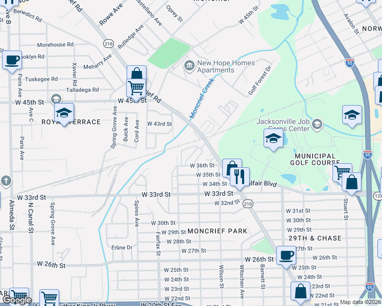 map of restaurants, bars, coffee shops, grocery stores, and more near 1650 Moncrief Village East in Jacksonville
