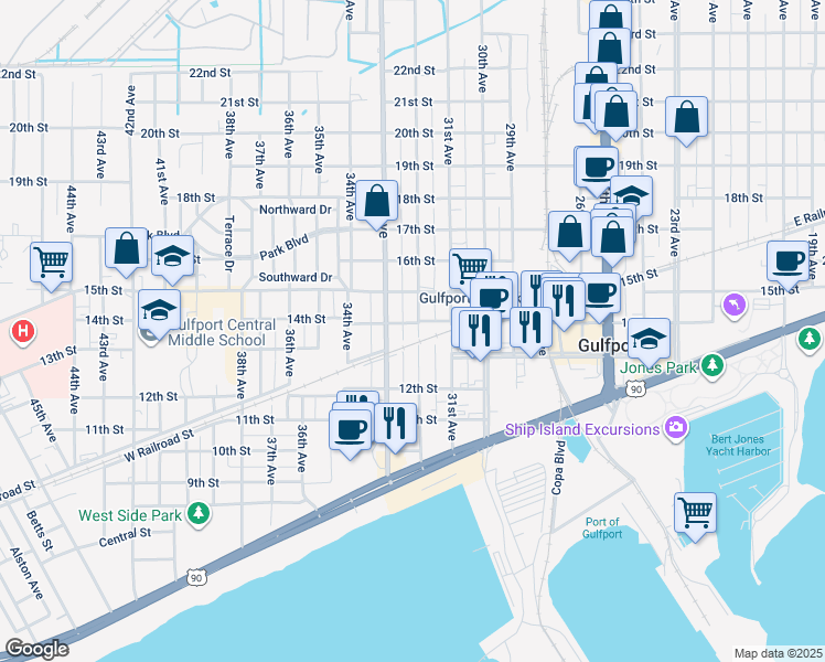 map of restaurants, bars, coffee shops, grocery stores, and more near 1307 32nd Avenue in Gulfport
