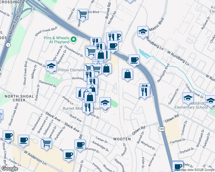 map of restaurants, bars, coffee shops, grocery stores, and more near 8605 Hathaway Drive in Austin