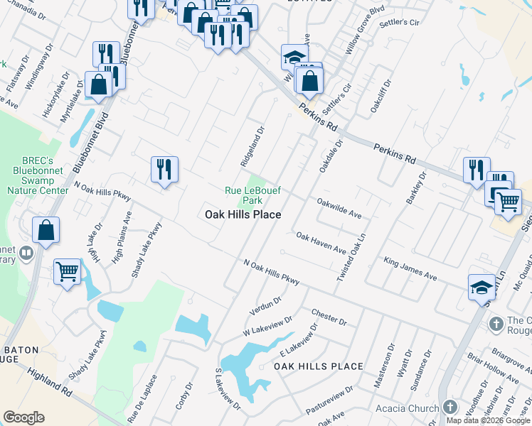 map of restaurants, bars, coffee shops, grocery stores, and more near 1325 Rue Crozat in Baton Rouge