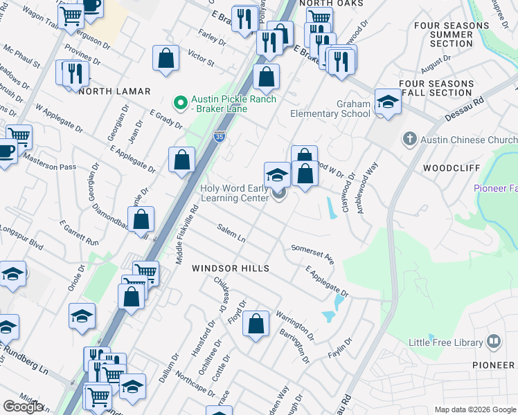 map of restaurants, bars, coffee shops, grocery stores, and more near 909 Hollybluff Street in Austin
