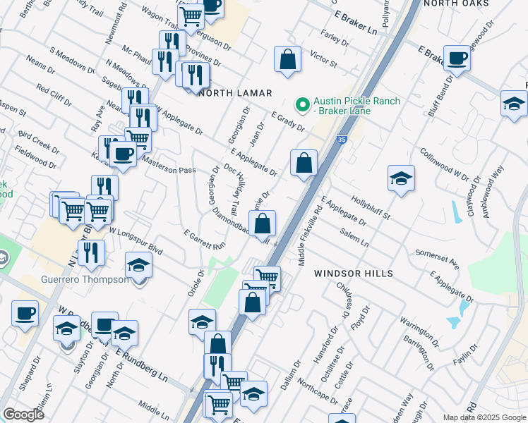 map of restaurants, bars, coffee shops, grocery stores, and more near 10213 Brownie Drive in Austin