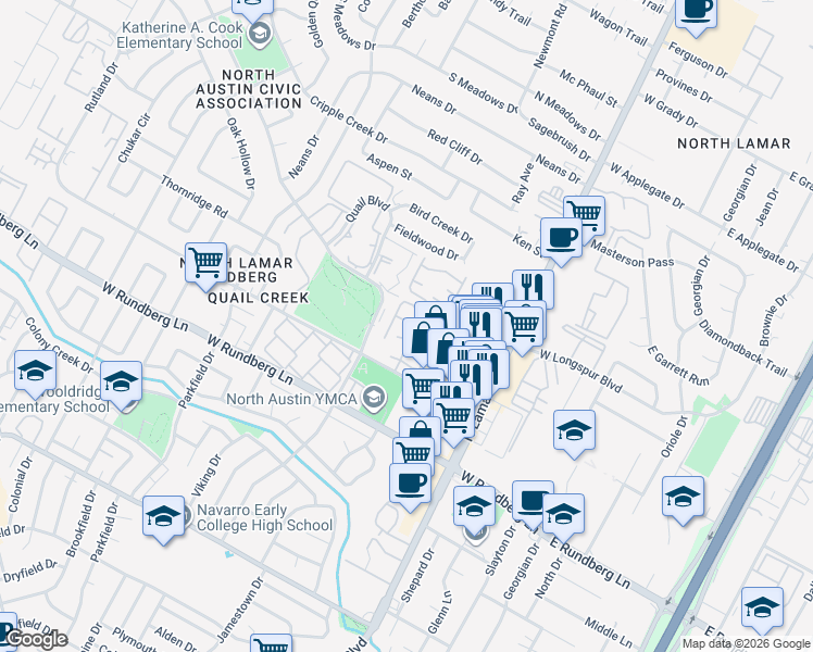 map of restaurants, bars, coffee shops, grocery stores, and more near 9501 Blue Creek Lane in Austin