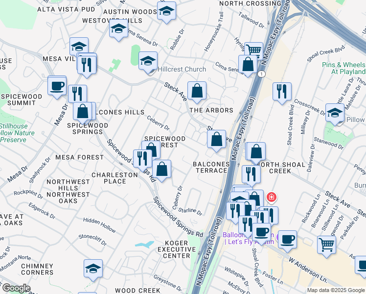 map of restaurants, bars, coffee shops, grocery stores, and more near 3615 Summit Bend in Austin