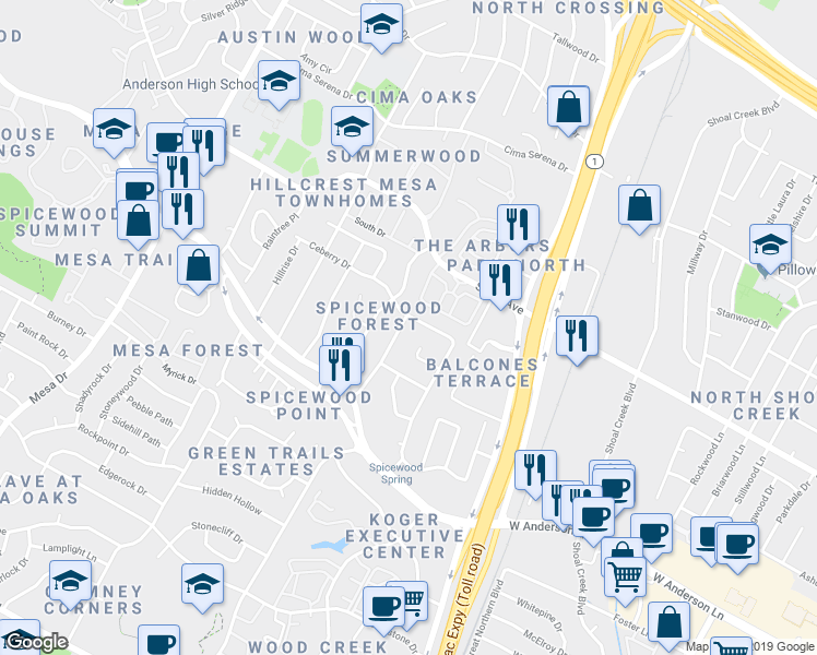 map of restaurants, bars, coffee shops, grocery stores, and more near 3615 Summit Bend in Austin