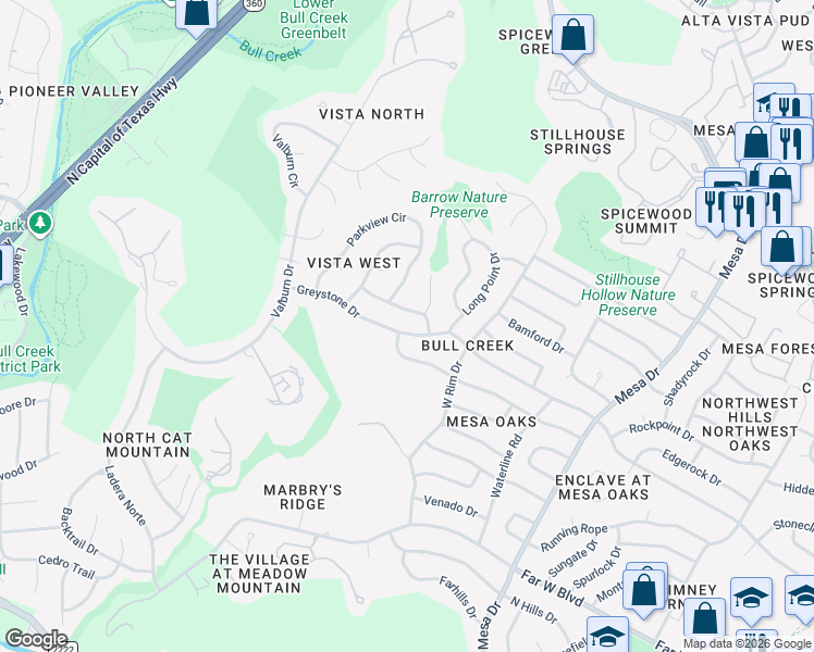 map of restaurants, bars, coffee shops, grocery stores, and more near 4601 Greystone Drive in Austin