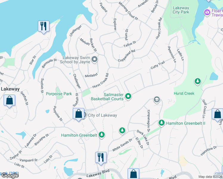 map of restaurants, bars, coffee shops, grocery stores, and more near 213 Stowaway Cove in Lakeway