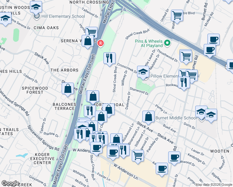 map of restaurants, bars, coffee shops, grocery stores, and more near 8301 Shoal Creek Boulevard in Austin
