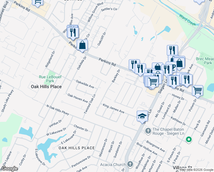 map of restaurants, bars, coffee shops, grocery stores, and more near 1228 Barkley Drive in Baton Rouge