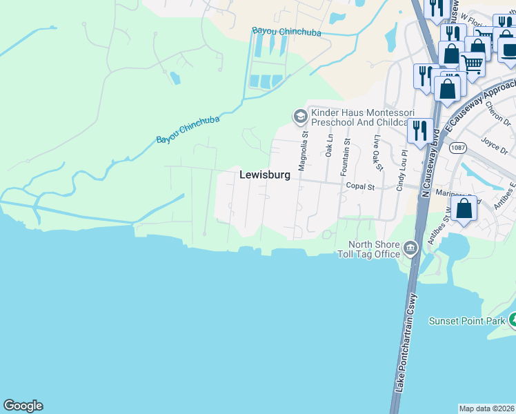 map of restaurants, bars, coffee shops, grocery stores, and more near 159 Hickory Street in Mandeville