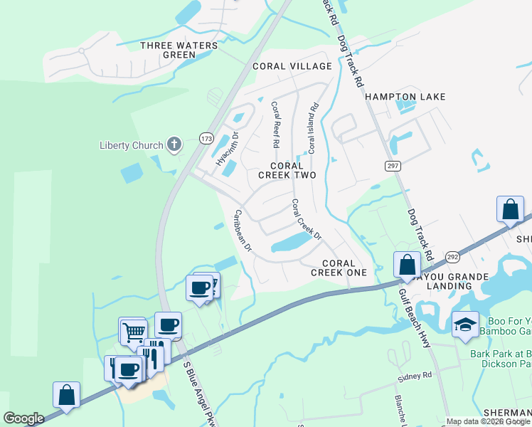 map of restaurants, bars, coffee shops, grocery stores, and more near 8020 Grand Bahama Drive in Pensacola