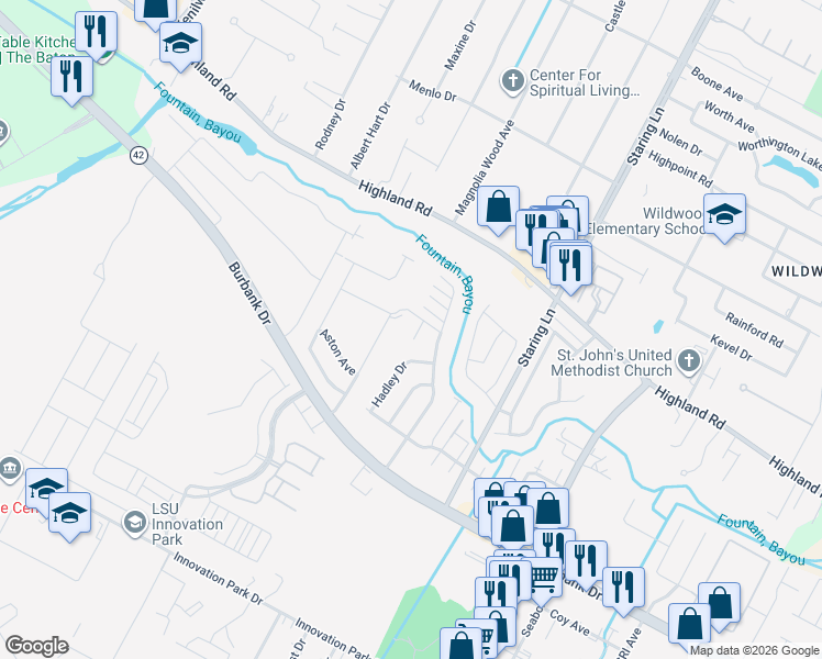 map of restaurants, bars, coffee shops, grocery stores, and more near 330 Meadow Bend Drive in Baton Rouge