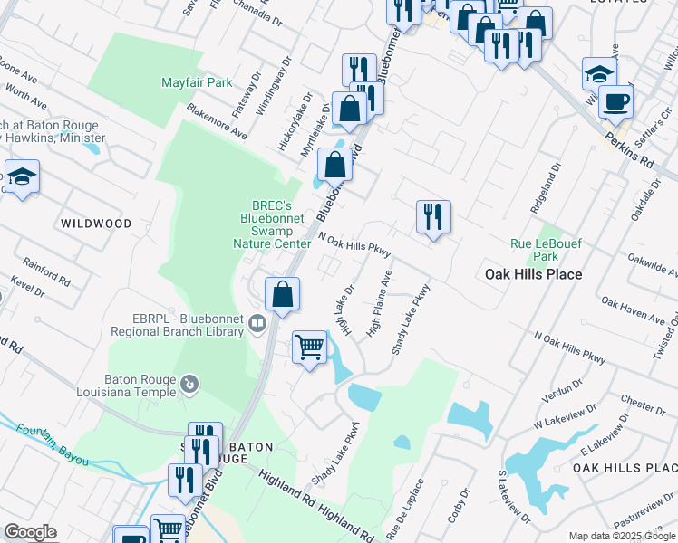 map of restaurants, bars, coffee shops, grocery stores, and more near 829 High Lake Drive in Baton Rouge