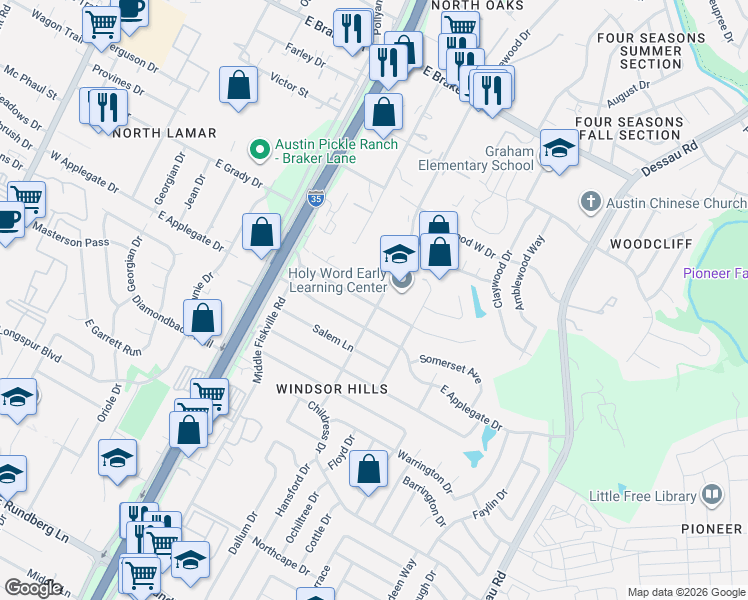 map of restaurants, bars, coffee shops, grocery stores, and more near 909 Hollybluff Street in Austin