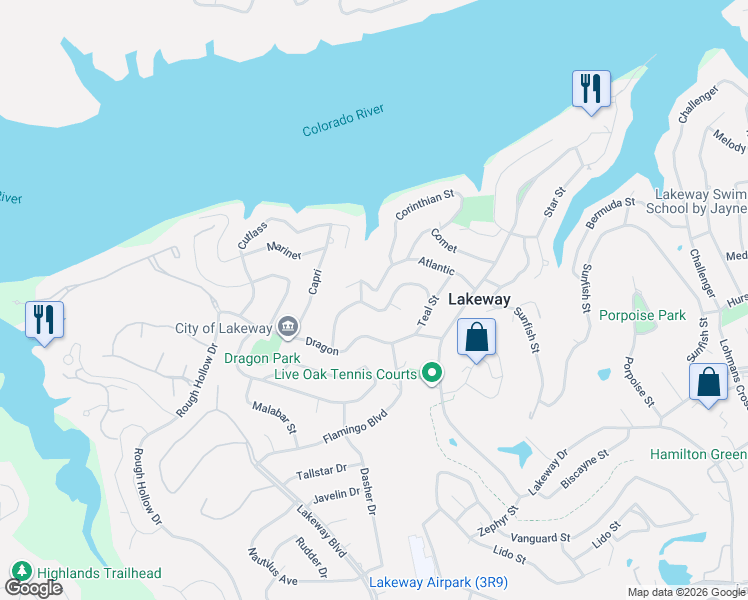 map of restaurants, bars, coffee shops, grocery stores, and more near 103 Highlander Street in Lakeway