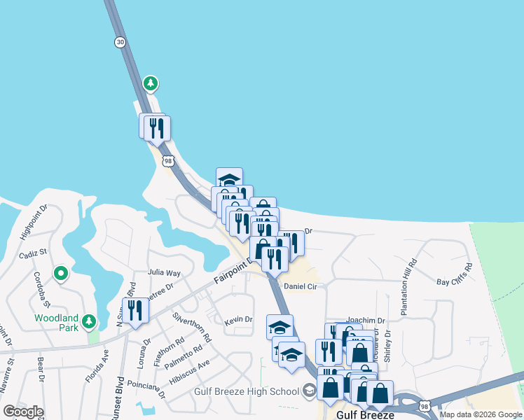 map of restaurants, bars, coffee shops, grocery stores, and more near 24 Duncan Avenue in Gulf Breeze