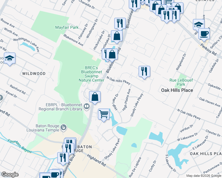 map of restaurants, bars, coffee shops, grocery stores, and more near 829 High Lake Drive in Baton Rouge