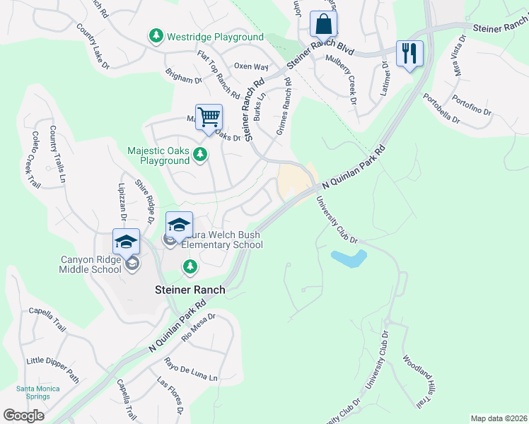 map of restaurants, bars, coffee shops, grocery stores, and more near 2909 Centennial Olympic Park in Austin