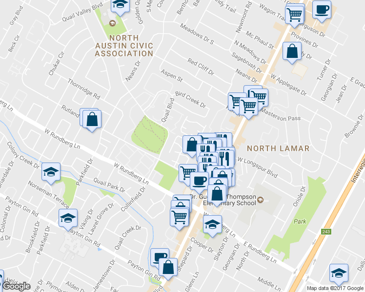 map of restaurants, bars, coffee shops, grocery stores, and more near 900 Silver Quail Lane in Austin