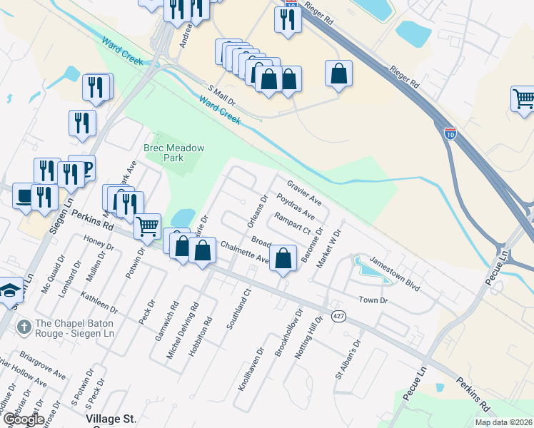 map of restaurants, bars, coffee shops, grocery stores, and more near 13843 Rampart Court in Baton Rouge
