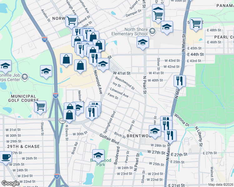 map of restaurants, bars, coffee shops, grocery stores, and more near 4546 Springfield Boulevard in Jacksonville