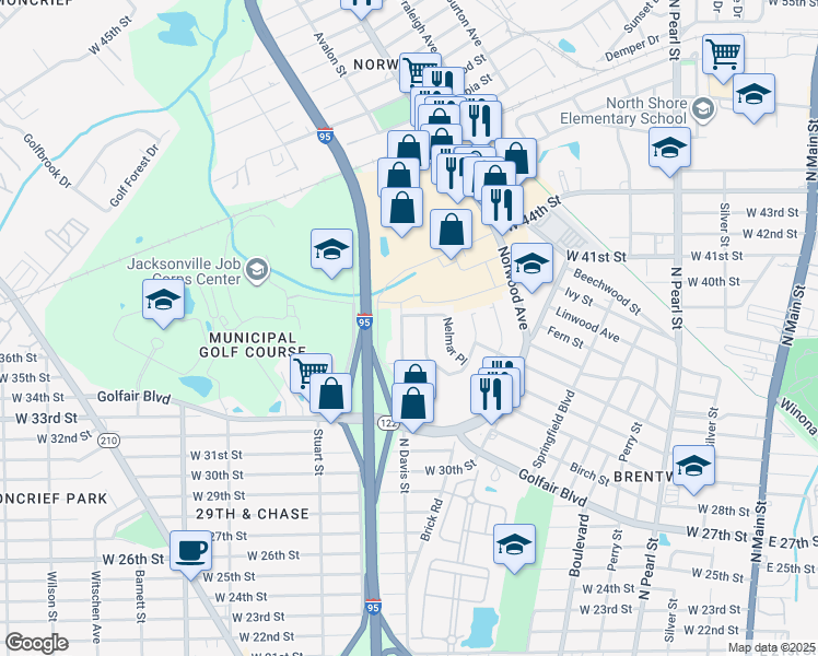 map of restaurants, bars, coffee shops, grocery stores, and more near 4628 Castlewood Drive West in Jacksonville