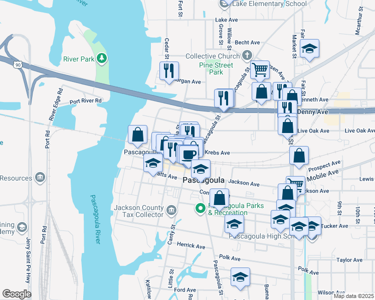 map of restaurants, bars, coffee shops, grocery stores, and more near 720 Krebs Avenue in Pascagoula