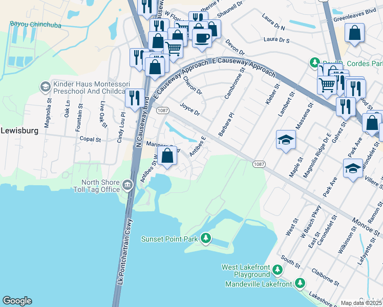 map of restaurants, bars, coffee shops, grocery stores, and more near 145 Antibes Street East in Mandeville
