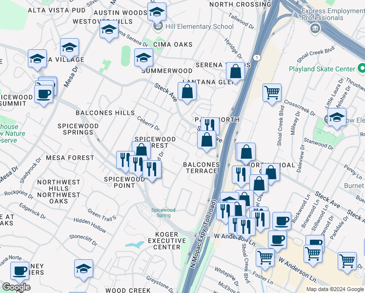 map of restaurants, bars, coffee shops, grocery stores, and more near 8124 Ceberry Drive in Austin