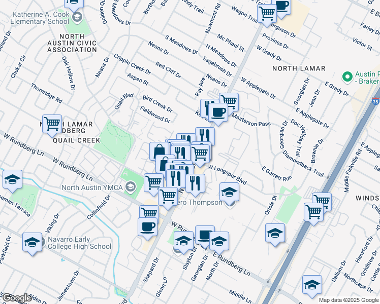 map of restaurants, bars, coffee shops, grocery stores, and more near 9710 North Lamar Boulevard in Austin