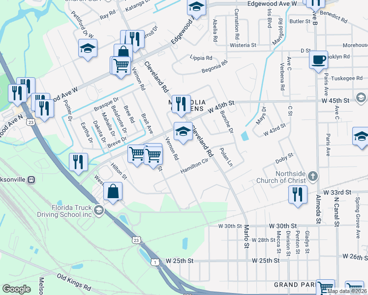 map of restaurants, bars, coffee shops, grocery stores, and more near 2854 West 45th Street in Jacksonville