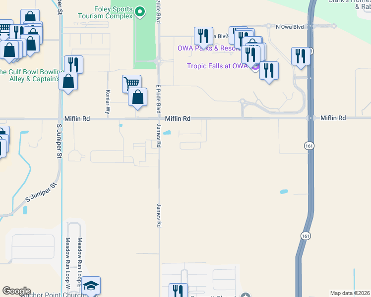 map of restaurants, bars, coffee shops, grocery stores, and more near 21240 Miflin Road in Foley