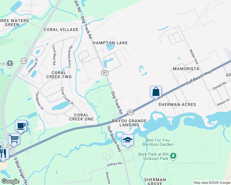map of restaurants, bars, coffee shops, grocery stores, and more near 2545 Dog Track Road in Pensacola