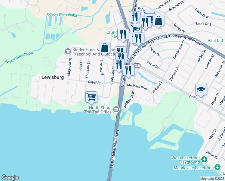 map of restaurants, bars, coffee shops, grocery stores, and more near 127 Cindy Lou Place in Mandeville