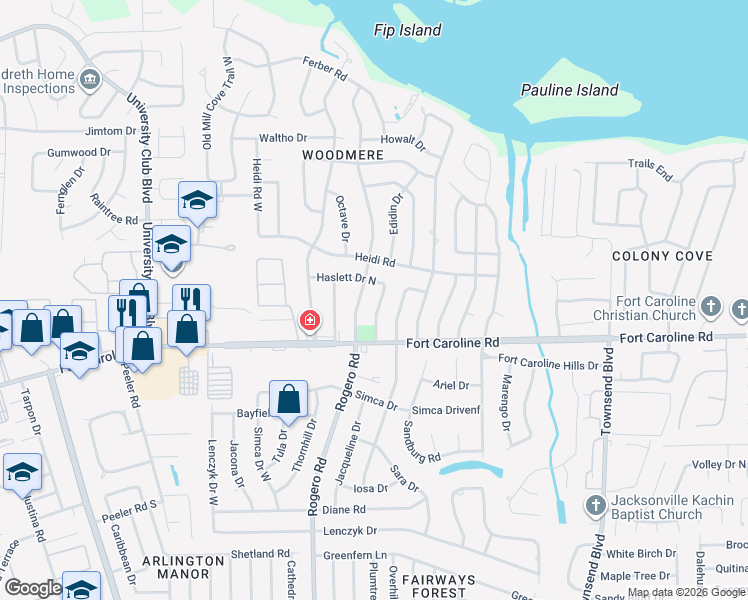 map of restaurants, bars, coffee shops, grocery stores, and more near 3730 Hoover Lane in Jacksonville
