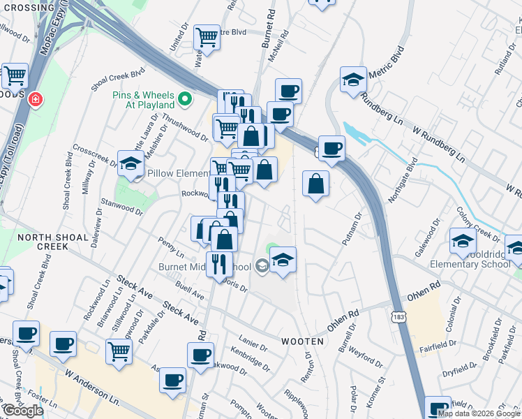 map of restaurants, bars, coffee shops, grocery stores, and more near 8610 Hathaway Drive in Austin